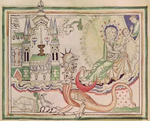 Ms 422 fol.47r La femme accouchée et le monstre à sept têtes
